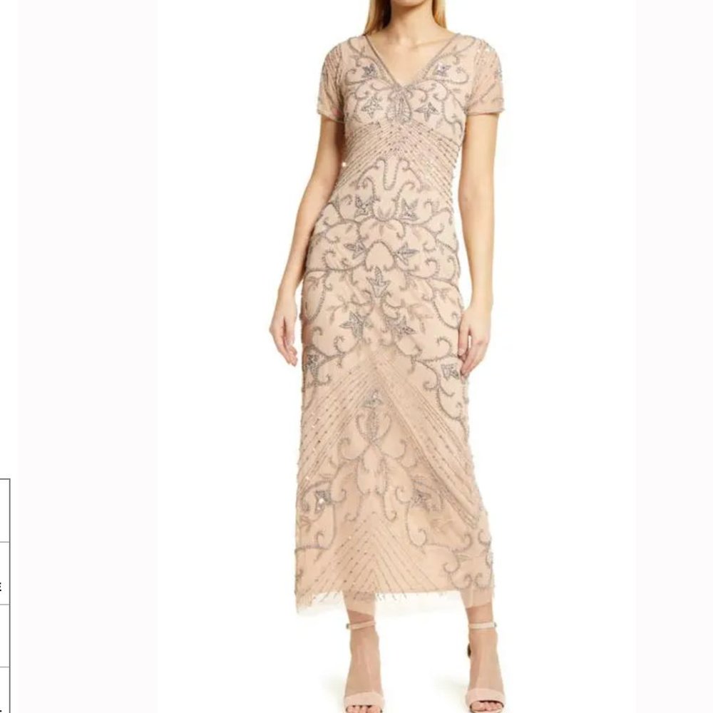 Pissaro nights v-neck v-back Beaded Mesh Column Gown dress 6